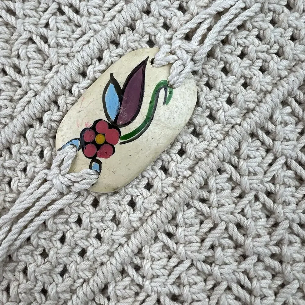 Vintage 70s Macrame Handbag Cream Boho Purse Painted Wooden Handles Folk Art